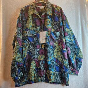 Basic Elements Abstract Shirt 100% Silk Size M Collared Long Sleeve Button Down